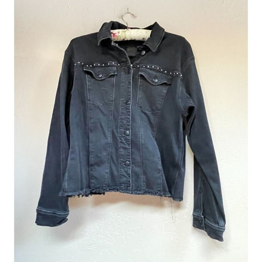 Joe's Womens Large Black Denim Rhinestone Raw Hem Embroidered Floral Back Jacket